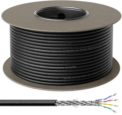 deleyCON 100m CAT 7 Outdoor Installationskabel Koppar (CU) Solid S/FTP PiMF Skärmning 10Gbps 1000MHz Utomhusbruk Väderbeständig Nätverkskabel Installationskabel LAN Ethernet Datakabel Trädgård Terrass