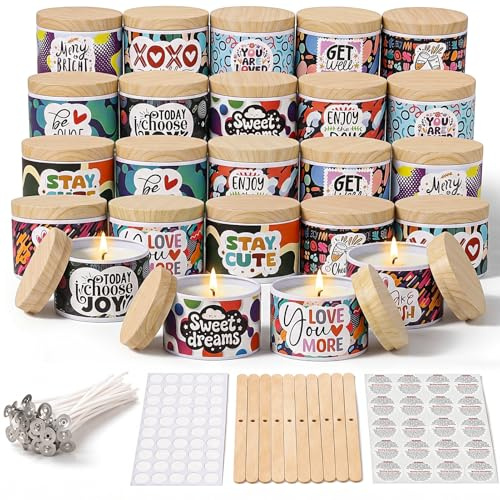 LumaCraft 24 Kerzengläser 120ml mit Holzdeckel – Leere Behälter zur Kerzenherstellung – Farbiger Motivdruck, DIY Kerzen Set mit Bastelzubehör