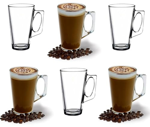 ANSIO Large Latte Glass Coffee Cups - 375ml (12.6 oz) -Pack of 6 Latte Glasses - Compatible with Tassimo Machine