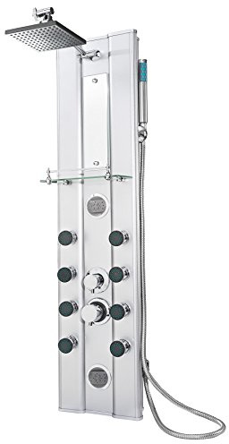 tectake® Duschpaneel Regendusche, Duschsystem Aluminium, Dusche mit 10 Massagejets, Düsen selbstentkalkend, Duscharmatur Komplettset, mit Glas Ablage, Duschgarnitur, Duschbrause Set, 118 x 27 x 9,8 cm
