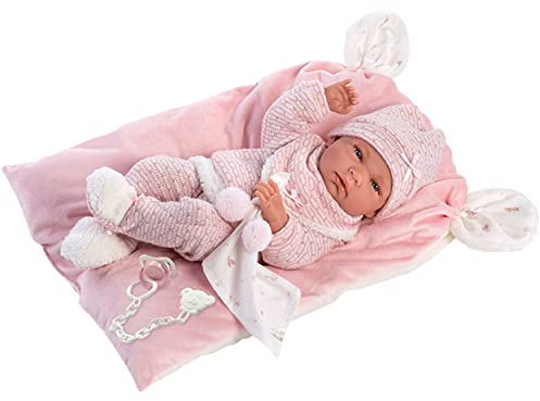 Llorens 73860 Puppe Nica, mit blauen Augen und Vinyl-Körper, Babypuppe inkl. rosa Outfit, Schmusedecke, Schnuller, Schnullerkette und weichem Kissen, 42cm