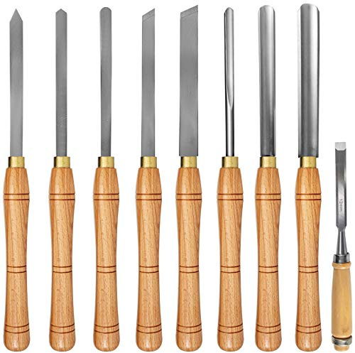 VEVOR Woodworking Lathe Chisel Set 8 Pieces HSS Steel Blades Wood Turning Tools Wooden Case for Storage for Carving Root Furniture One Free Chisel