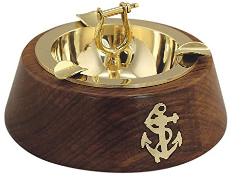 SEA-CLUB Aschenbecher mit Schäkel aus Messing und Holz, Ø 12 cm, Höhe 6,5 cm