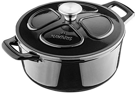 Navaris Cazuela de Hierro Fundido con Tapa - Cacerola Cocotte con Tapa y Asas de 3,5 L Apta para Horno e Induccion - Olla Holandesa Redonda Dutch Oven de 24 cm