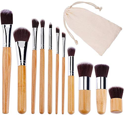 Tixiyu Lot de 11 pinceaux de maquillage en bambou naturel - Végétalien Pro Cosmetics Kabuki - Ensemble de pinceaux de maquillage extrêmement doux avec sac