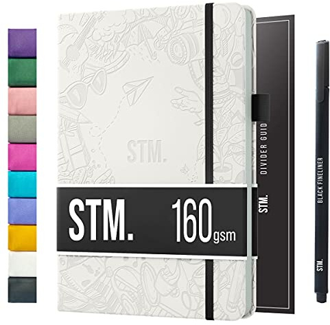 A5 Bullet prickig journal anteckningsbok av STM | tjockt blödningssäkert 160 gsm papper, 150 sidor | lägg platt veganskt läder inbunden | 2 bokmärken, tryckta sidnummer | Svart penna | 14,7 x 21,5 cm