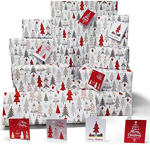 Luxury Christmas Wrapping Paper and Tags Set - 100% Recycled Paper - 8 Modern Christmas Tree Gift Wrap Sheets with 8 Matching Folded Tags. Eco Friendly Sustainable Xmas Paper