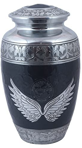 Hind Handicrafts Urne funéraire argentée gravée pour cendres humaines pour adultes, fabriquée à la main – Grande urne funéraire pour cendres humaines – Sac inclus (16,5 x 16,5 x 26,7 cm, Aile d'ange
