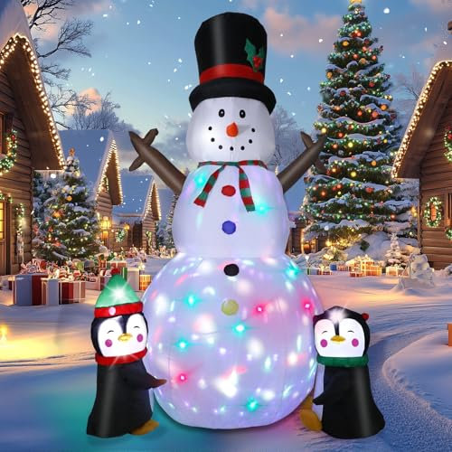 8FT Christmas Inflatable Outdoor Decorations, Christmas Inflatable Snowman with Two Penguins, Built-in Rotating LED Light for Outdoor Indoor, Garden, Patio, Lawn, Xmas Party Decoration