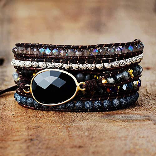 Edelstein Armband,Naturstein Schwarzer Onyx Kristall Armband Vintage Boho Mehrschichtiges Leder Wrap Woven Armband Handgefertigte Perlen Energie Edelsteine ​​Armreif Schmuck Für Männer Frauen Ge
