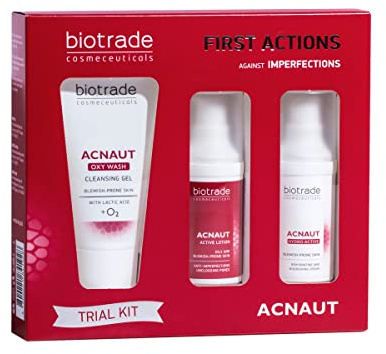Acnaut 3-Stufen Akne-Set – Reinigt, behandelt & pflegt fettige, unreine Haut – Mit Waschgel, Aktiv-Lotion & Feuchtigkeitscreme – Gegen Pickel, Mitesser & Unreinheiten – Probiergröße by Biotrade