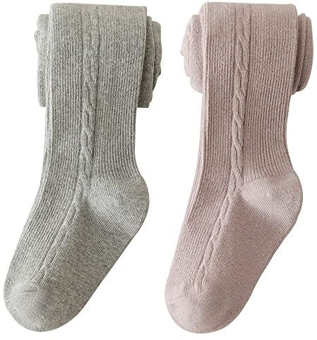 Snegyu 2-par strumpbyxor för flickor tillbaka till skolan uniform enkla strumpbyxor stickade bomull rika flickor leggings småbarn barnstrumpbyxor för 1–10 år, Ljusgrå + lila, 3-5 år