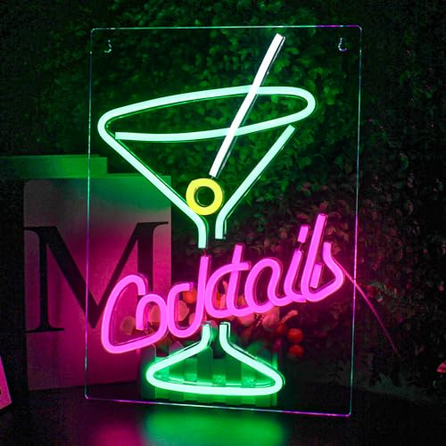 Looklight Cocktails Neonschild Bar Neon Schild Cocktail LED Schriftzug Drinks Neon Sign Rosa Grün Leuchtschild Weinglas Leuchtreklame für Geschenk, Hausbar, Bar, Club, Party, Küche, Dekoration