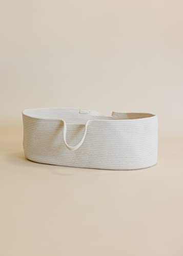 Metallbude Moseskorb Set inkl. Matratze - Natural White - Weißer Baby Moseskorb aus Bio-Baumwolle - GOTS-Qualität - 70x40x25 cm