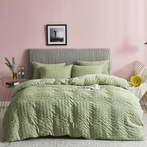 Freyamy Seersucker Bettwäsche 155x220 Grün Geprägt Gestreift Bettwäsche Set | Aesthetic Bettwäsche Mädchen, 2 teilig Unifarben, Microfaser ÖKO-TEX Bettbezug mit Reißverschluss und 1 Kissenbezug 80x80cm