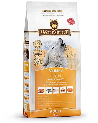WOLFSBLUT – VetLine Skin | Diät Trockenfutter für ausgewachsene Hunde mit Haut- und Fellproblemen. Getreidefreies Alleinfutter im Beutel | 12kg Weißer Meeresfisch mit Süßkartoffeln