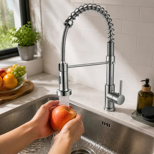 TVTIUO Rubinetto da Cucina, Miscelatore Cucina，Rubinetto a Molla in Spazzolato con Testa a Spruzzo Pull Down Mixer, Miscelatore Estraibile a 360° (Jet e Spray)