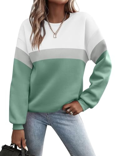 Minetom Pullover Damen Sweatshirt Farbblock Langarm Rundhals Pulli Herbst Winter Frauen Locker Casual Oberteil Sport Streetwear Sweatshirts ohne Kapuze Langarmshirt A Grün L z