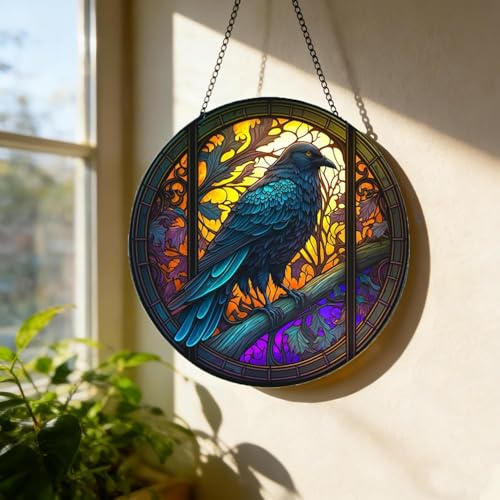 MATIHAY Acrylic Ornaments Raven and Crow Stained Glass Window Hanging, Stained Glass Crow Suncatcher for Bird Lovers, Halloween Fall Decor for Home, Cafe, Office (Crow (Gloss), Large)