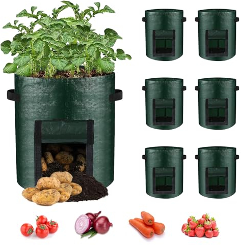 LITLANDSTAR 6 Pack Potato Grow Bags, 10 Gallon Grow Bags Garden Planting Bags with Flap Windows and Handles, Vegetable Grow Bags for Potato, Onion, Tomato, Carrot (Green)