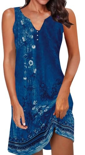 riou Vestido Mujer Verano Playeros Casual Sin Mangas Vintage Camisa de Vestir Divertida Estampada Retro Vestidos de Playa de Informal Sueltos Falda con Cuello en V Elegante Mini Vestido