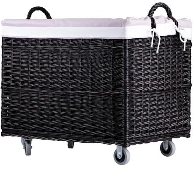 e-wicker24 Alles aus Weide Aufbewahrungstruhe, Wäschekorb, rechteckig, Weidenkorb mit Rollen und Stofffutter, Aufbewahrungsbox, Weidenkorb, Box