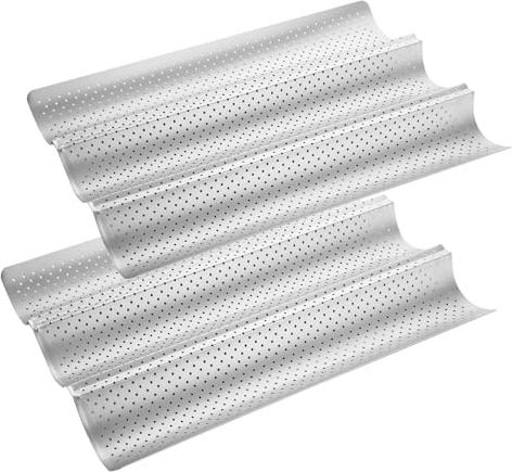 GBACHOOSE 2 bandejas antiadherentes para hornear baguette, 38 x 24,5 cm, bandejas para hornear pan francés, bandeja para baguette francés para 3 baguettes (plata)