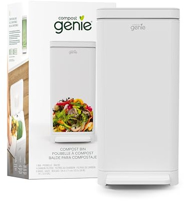 Compost Genie Kitchen Compost Bin, White Stainless-Steel Large, 3.6 Gallon, Indoor Odorless Composting, Hands-Free, Washable Parts, Includes 8 Tear-Off Compostable Bags and 4 Carbon Filters