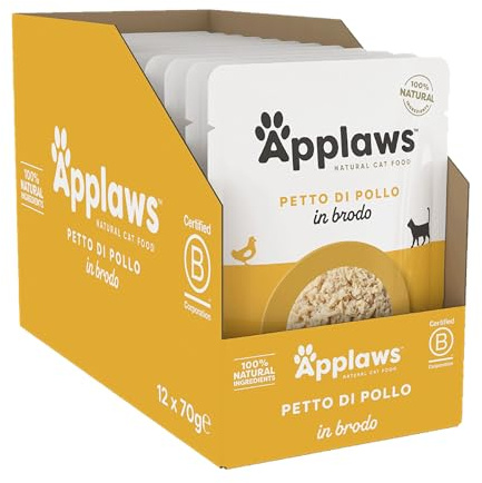 Applaws 100% naturlig våt kattmat, buljongkycklingbröst - förpackning med 12 fickor på 70 g