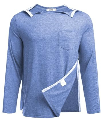 PINSPARK Sport-t-shirts, herr, funktionströja, långärmad skjorta, helt avtagbara t-shirts efter axeloperationer med tryckknapp, dialys Chemo-port, åtkomstskjorta S–XXL, blå, L