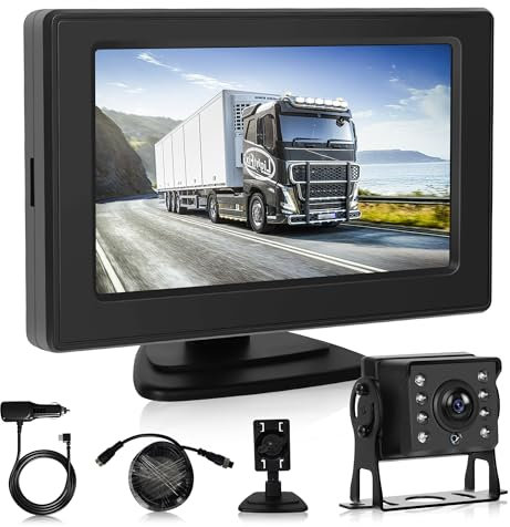 Camera de Recul pour Voiture Kit avec Moniteur LCD 4.3 Pouces, Caméra de Recul IR Vision de Nuit étanche IP68 Image Flip Aide au Stationnement, pour Camping Car/Camion/RV/Remorques/Agricole/Motorhome