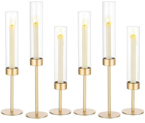 Romadedi 6er Set Kerzenhalter Stabkerze mit Glaszylinder for Hochzeit | Hohe Kerzenständer für Stabkerzen, für Tisch Esstisch Party Wohnzimmer Deko, Hoch, Metall, Gold
