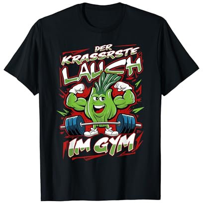 Sportbekleidung und Fitness Kleidung für Pumper - Der krasseste Lauch im Gym - Unisex T-Shirt - Schwarz - Klein - Halbarm - Crew Neck - Cartoon - Sport - Alle - 1 Count