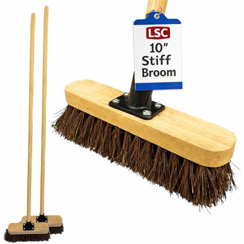 LSC 10” Garden Broom with Wooden Handle – Heavy Duty Outdoor Yard Brush with Stiff Bristles Durable Support Bracket Push Broom for Sweeping Patio & Yard (PACK OF 2)
