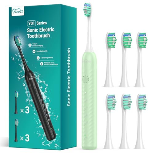 Spazzolino da denti elettrico per adulti con 6 testine di spazzolatura, spazzolino da denti acustico ricaricabile, ultra lunga durata di vita della batteria, 4 ore di ricarica e 180 giorni di