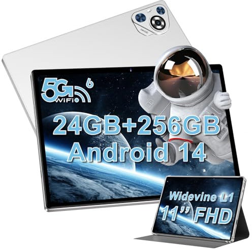 JUEDUR Tablette Android 14 Tablette Tactile 11 Pouces, 24 Go RAM+256Go ROM（1TB TF） Octa-Core | 2.0Ghz | 2.4G+5G WiFi6 | Widevine L1 | 8000mAh | Face ID | LCD 1280 * 800 HD, 5MP+13MP, BT 5.0 - Argenté