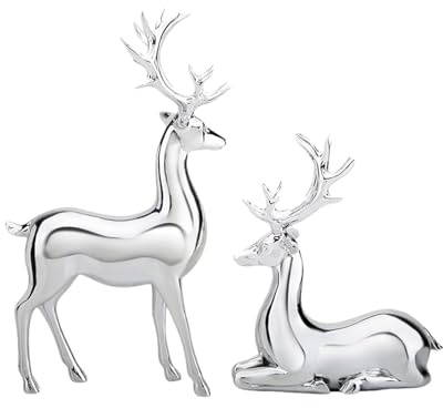 Silberner Hirsch Weihnachtsdekoration,Silberner Hirsch, 2 Stück galvanisierte Silber-Weihnachtstischdekoration, Dekorative Harzskulptur für Zuhause, Wohnzimmer, Schlafzimmer, weihnachtliche Tischdekor