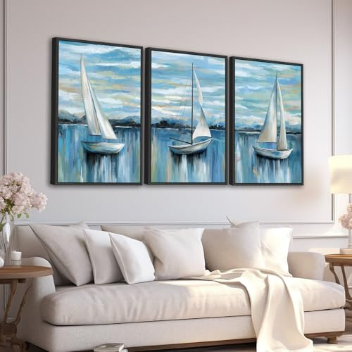 Large Framed Sailboat Wall Art - Tranquil Beach Wall Decor 16x24 Set of 3 Blue Coastal Wall Art Prints Nautical Ocean Painting Modern Cloudy Lake Canvas Pictures for Living Room Bedroom Office