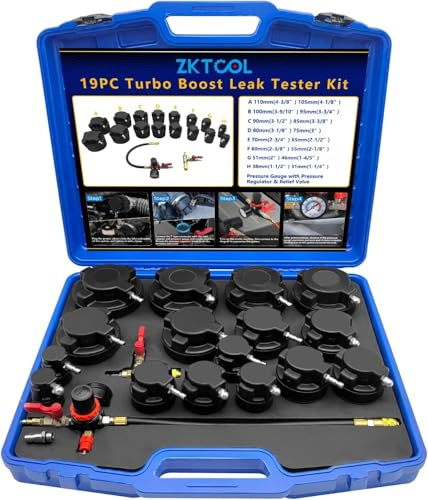 ZKTOOL 19PCS Turbosystem-Druckverlust-Lecktester mit Manometer | Für Turboschlauch 31-110MM, Inklusive 7 Paaren Gestufter Adapter und Luftmanometer für Präzise Messung.