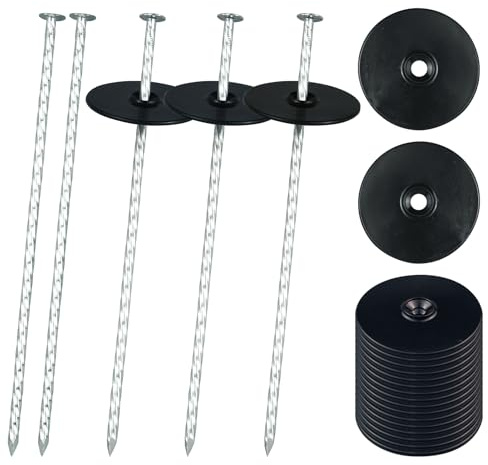 SZENSANG 100 anclajes de tierra galvanizados, 100 unidades, discos amortiguadores, antióxido, anclajes para el suelo para vellón de malas hierbas, césped artificial, vallas, estacas de jardín