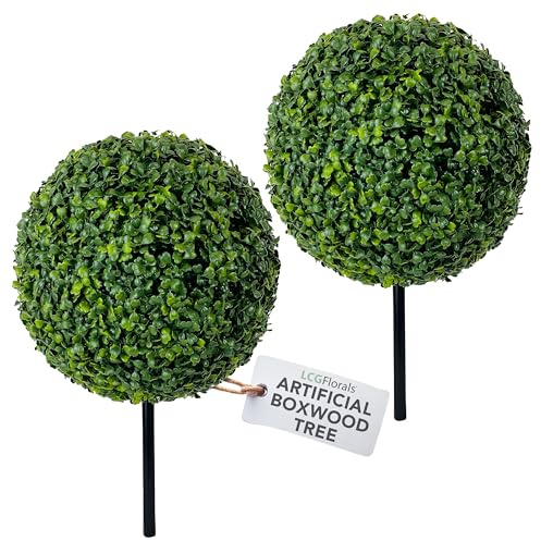 LCG Florals - Palla topiaria artificiale di bosso da 38 cm, confezione da 2, piante finte per interni ed esterni, per patio, salotti, uffici e spazi esterni (38 cm, asta in metallo nero)