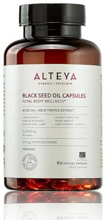 Alteya Bio Schwarzkümmelöl Kapseln (Nigella Sativa) – 1000 mg hochdosiert, kaltgepresst – mit Rosenöl & Mariendistel-Extrakt – 60 Softgel Kapseln – EU-Bio zertifiziert
