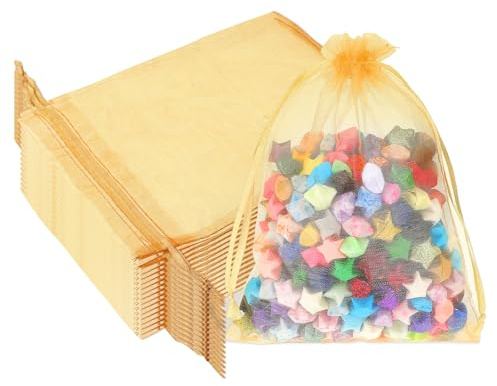 EupHHonycs 100 Stück Gold Organzasäckchen, Hochzeit Organza Beutel 13x18 CM Groß Geschenk Organzabeutel, Organza-Beutelchen mit Kordelzug, Bonbons Geschenk Schmuckbeutel