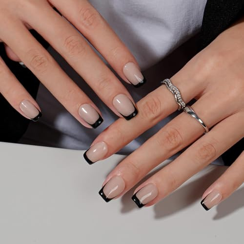 KQueenest French Tip Press on Nails Short Square, Black False Nails Short Coffin, Glossy Natural Nude Small Fake Nails, Reusable Acrylic Stick on Nail for Women Finger Wear 30 Pcs