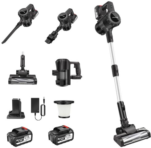 6-in-1 Cordless Vacuum Cleaner Stick Vacuums, 15000PA Powerful Stick Vacuums & Electric Brooms with LED, 2x3000mAh Rechargeable Battery, Portable Lightweight Handheld Upright Vacuum Cleaner, Grey