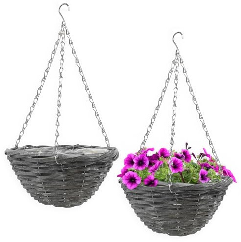 Spetebo Vide flätad korg att hänga 29 cm med folie – set om 2 – trädgårdsdekoration rotting, blomampel, shabby grå med metallkedja