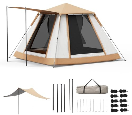 Warmiehomy Pop Up Tent Automatic, 3-4 Person Camping Tents, 3 in 1 Waterproof Dome Canopy Tent with 2 Porch 4 Mesh Doors, Camping Tent for Family Outdoor Picnics, 210x210x145cm