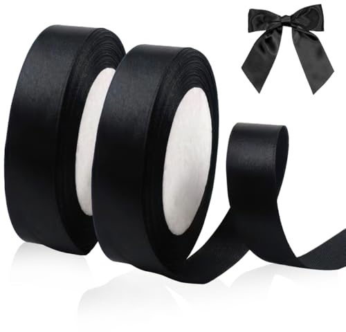 2 rullar satinband svart, 20 mm x 22 m dekorband presentsnöre | presentband bred svart, för presentförpackning pyssel dekoration födelsedag sorg