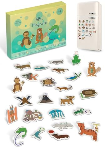 Magnetische Buchstaben ABC Magnetbuchstaben - Handgezeichnete Tiermotive als Alphabet Rechtschreibspiel & Lernspiel für Kinder ab 3 Jahre | 26 Kühlschrankmagnete in Tierform