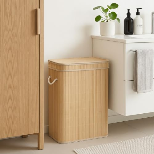 NUXIO Wäschekorb aus Bambus LUVA – 80 L Wäschesammler mit Deckel & Wäschesack – Wäschebox Wäschebehälter 32 × 42 × 60 cm